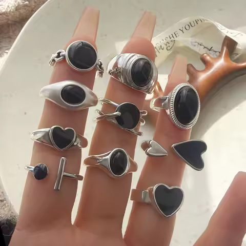 925 Sterling Silver Rings For Women Simple Handmade Adjustable Finger Black Stone Ring Fashion Band Female Bijoux Gift