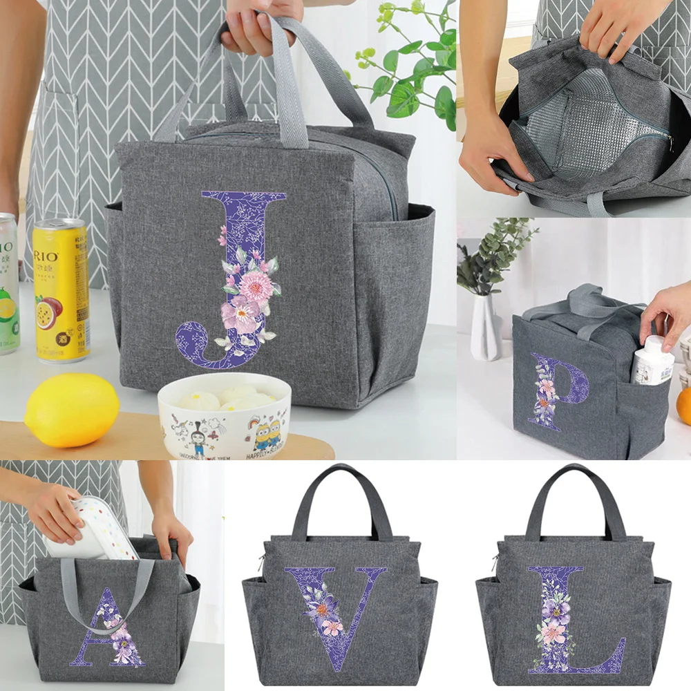 

Insulated Lunch Bags Lunch Box Cooler Bag Multifunction Portable Picnic Large Capacity Thermal Purple Flower Printing Food Packs