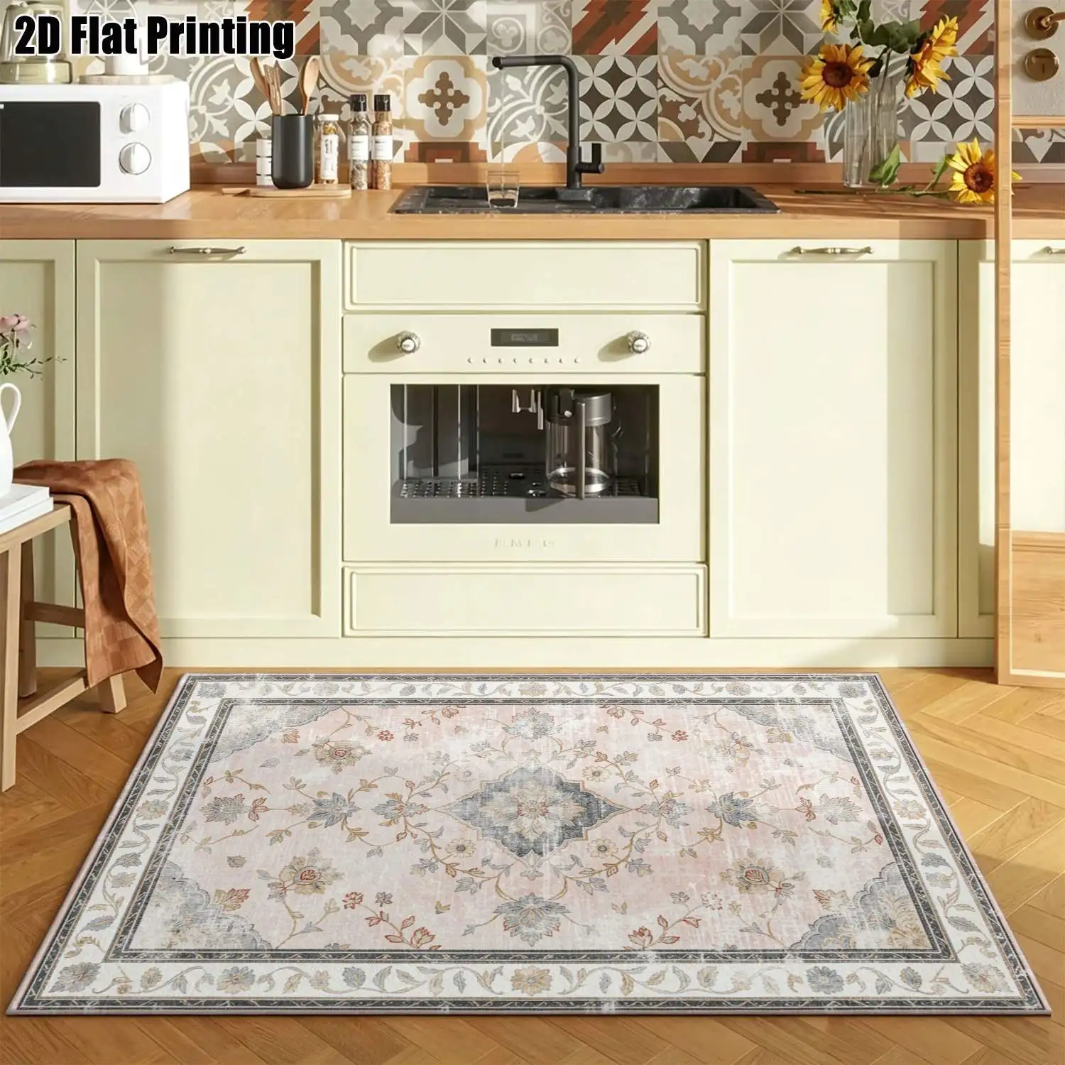 1Pc 2D Printed Pink Flower Carpet: Retro European Style, Home Decor, Multi-Size, Machine Washable, Ideal for Living Room, Bedroom, Dining Room, Entrance & Study
