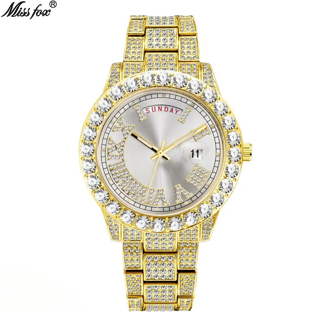 

Новые мужские часы с датой и днем, Top18k Gold Diamond Iced Out, мужские часы Reloj, роскошные светящиеся блестящие кварцевые наручные часы из нержавеющей стали, подарок