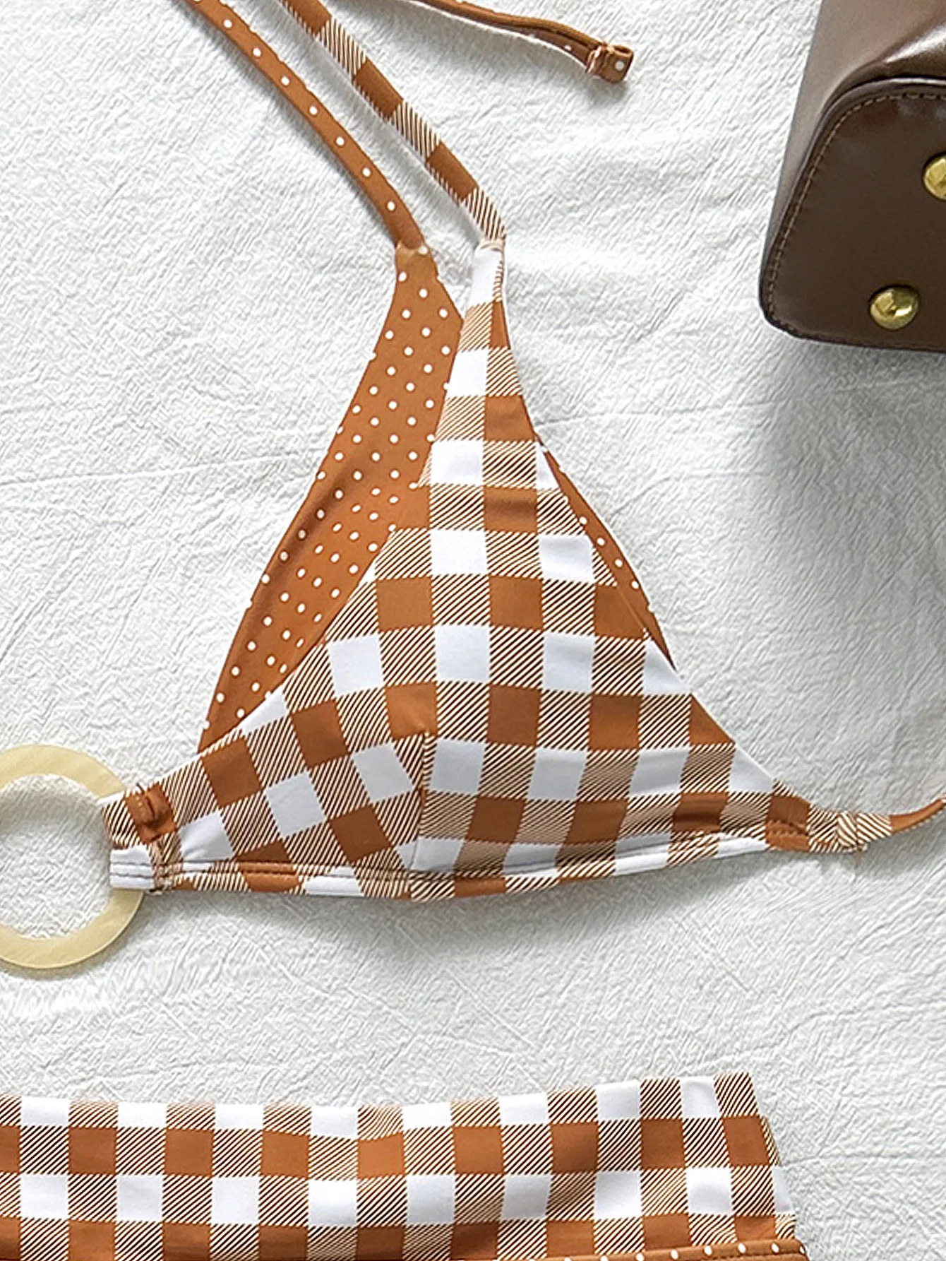 sexy caramel color ring halter tie bikinis sets two pieces polka dot plaid shorts swimsuits bathing suits swimwear biquini
