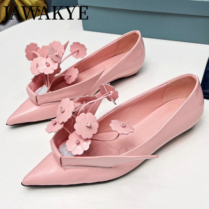 

Genuine Leather Flowers Loafers Shoes Pointed toe Women's Flat Heels Shoes Summer Mules Women Dress Flat Sandals Spring Shoes