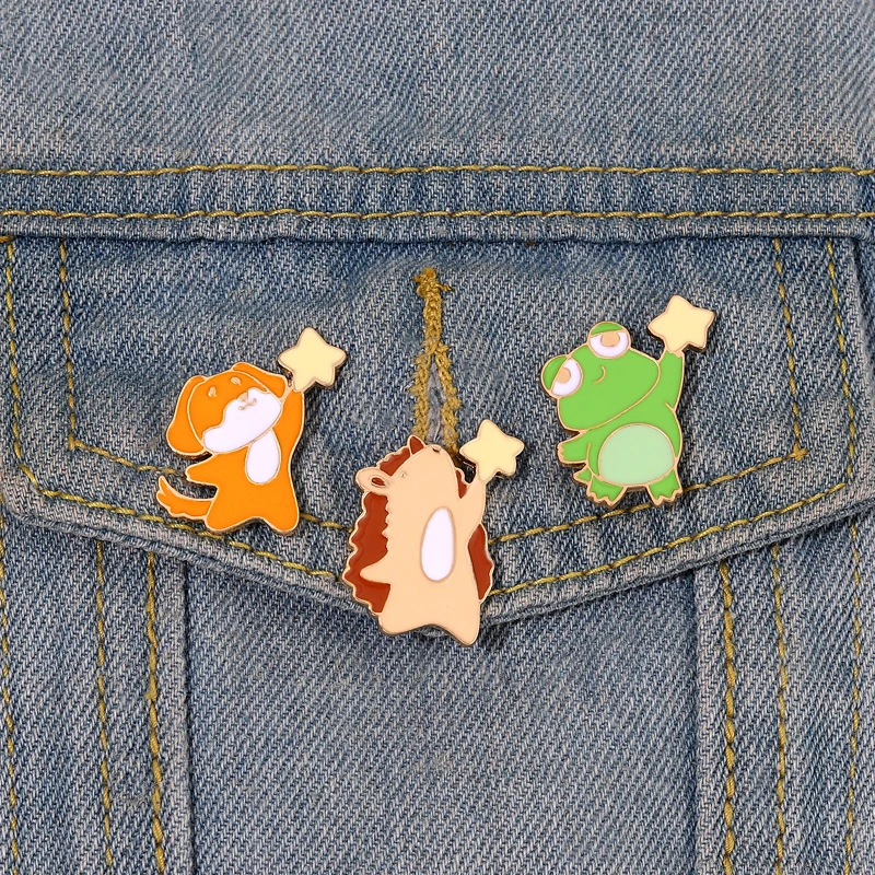 Enamel Pin Custom Dog Frog Hedgehog Brooches Lapel Badge Animal Jewelry Gift for Kids Friends Pick The Stars