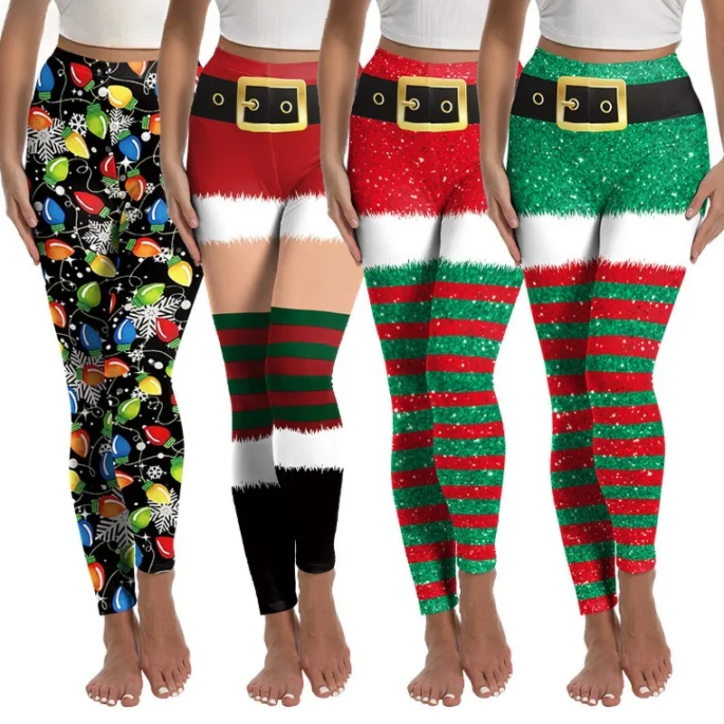 กางเกงเลกกิ้งคริสต์มาสสำหรับผู้หญิง ลายพิมพ์ 3 มิติ เซ็กซี่ เอวสูง ทรงสกินนี่ ยืดหยุ่น ใส่เป็นกางเกงขายาว ชุดคอสเพลย์คริสต์มาส