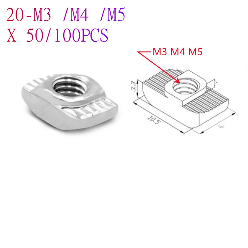 20pcs-100pcs 20-M3 M4 M5 T nut Hammer Head nut sliding Nut Connector Nickel Plated for 20 series aluminum profile Slot Groove 6