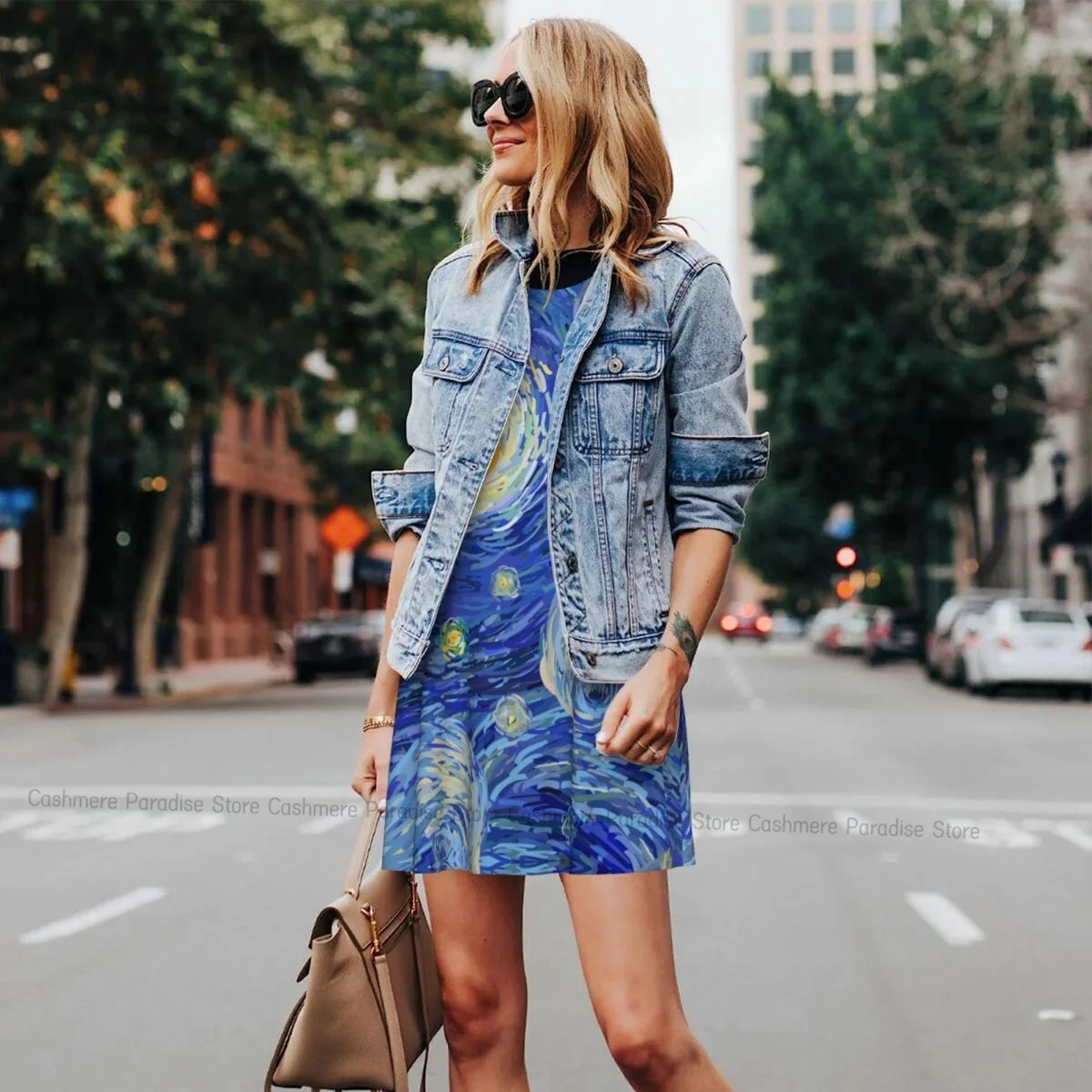 Women's Dress Glowing Moon On A Blue Sky Abstract Summer Casual T Shirt Dresses Beach Cover up Tank Dress