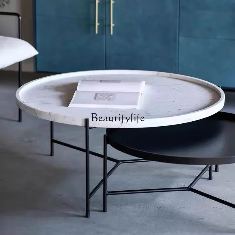 ld14Minimalist Natural Marble Coffee Table Round Modern Simple Tea Table Sofa Side Table