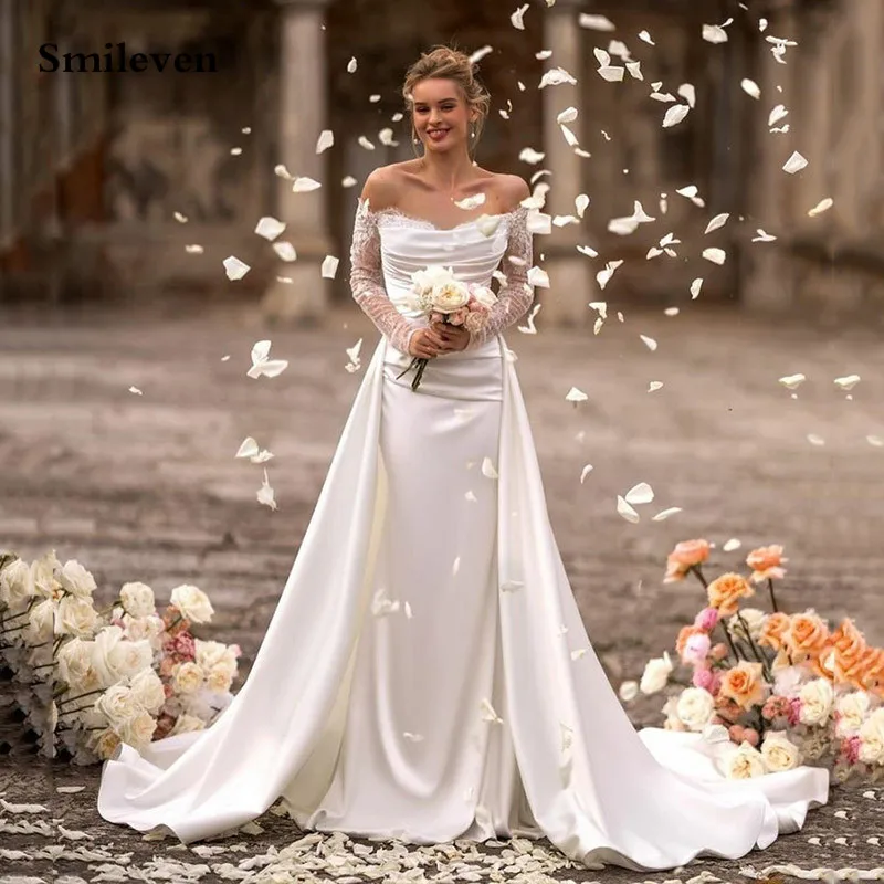 Abito da sposa a maniche lunghe in pizzo Smileven abiti da sposa a sirena in raso abiti da sposa principessa con treno staccabile vestidos de novia