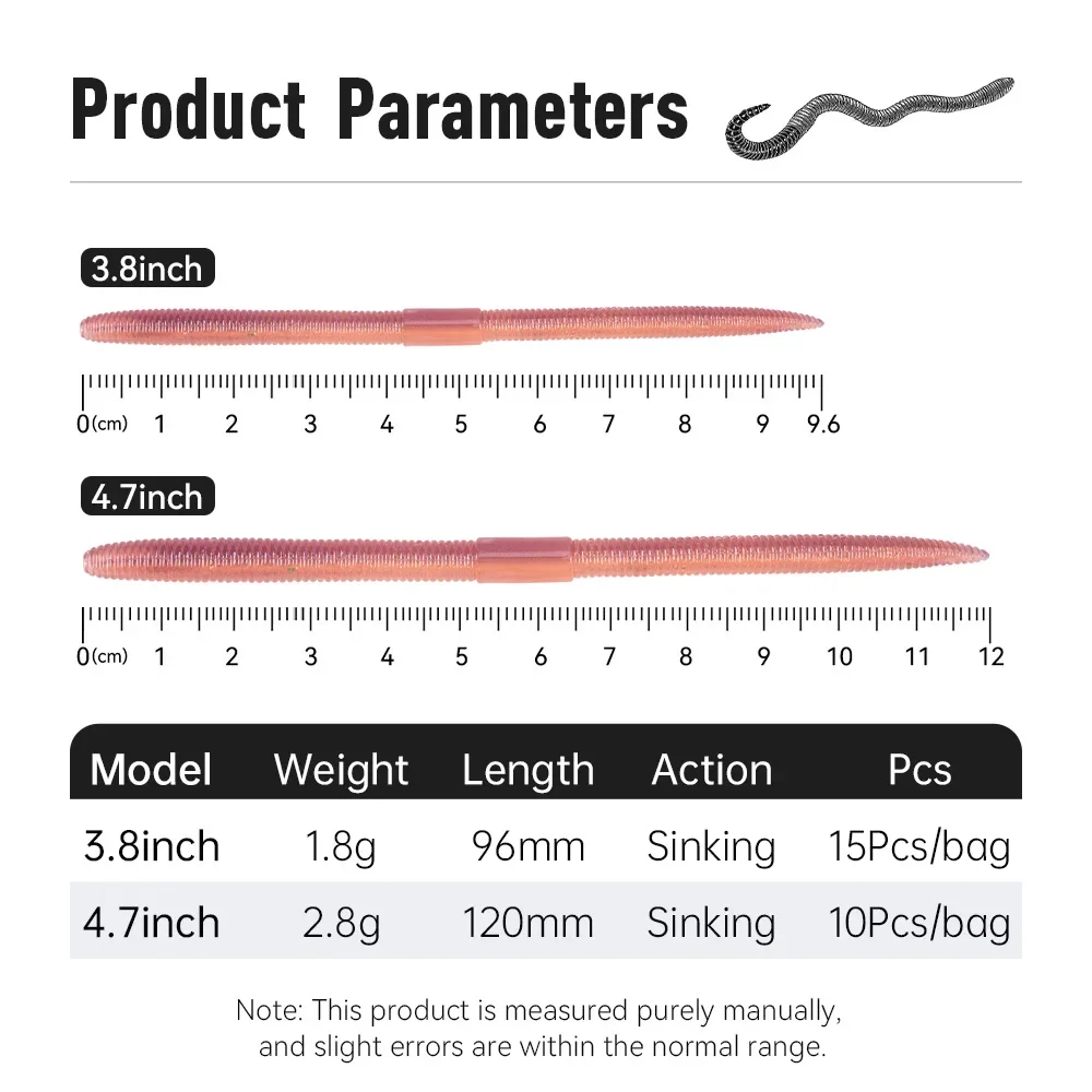 Kingdom 15pcs Earthworm Soft Lure Sinking 1.8g 96mm 2.8g 120mm Artificial Fishing Lures Bass Flatfish Fishing Fishing Equipment