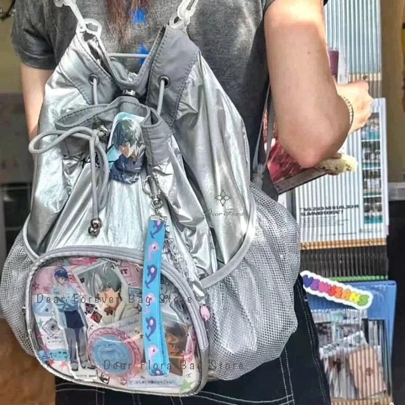 

Y2K Silver Casual Ita Backpacks Large Capacity Rucksacks Cute Girl Transparent Display Knapsack Teenage Trendy Travel Schoolbags