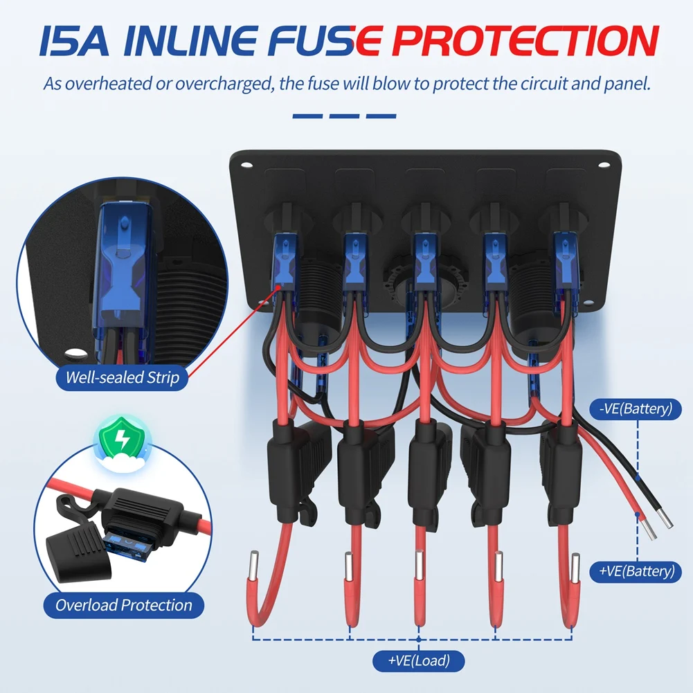 Reliable-Blue LED 12V Outlet With 5 Gang Boat Switch Panel Waterproof Dual USB Port For Auto And Boat