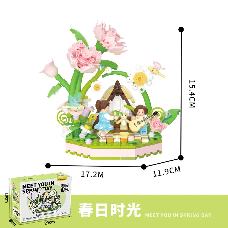 Four Seasons Flower House Building Blocks Spring Time Cool Summer Children's Puzzle Small Particle Assembly Building Blocks Toys