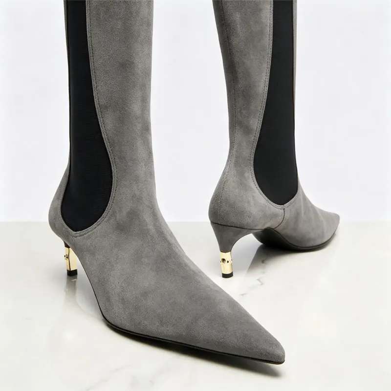 Women's New Knee High Boots with Pointed Kitten Heel and Stretch Fabric for Autumn and Winter Party Fashion, Mid Length Boots