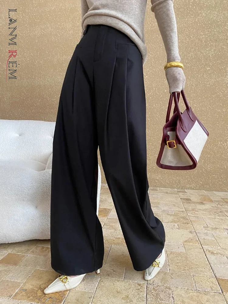 

[LANMREM] Minimalism High Waist Pleated Pant For Women Straight Office Lady Loose Trousers Fashion 2024 Autumn New 26C512