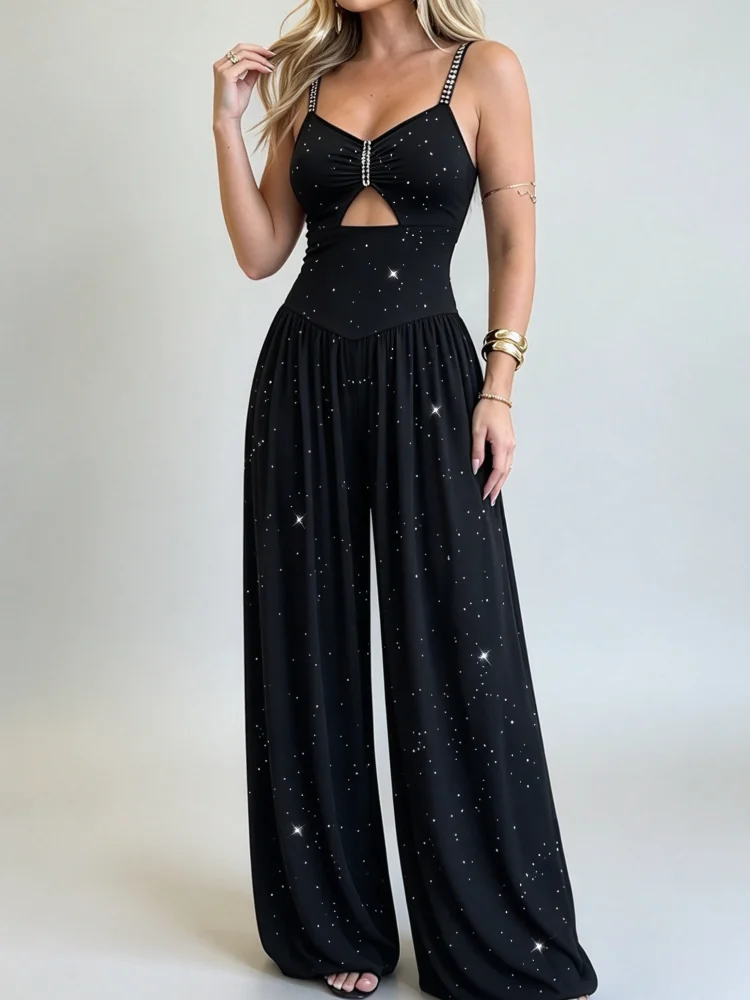 Jumpsuit Women Sparkly Rhinestone Spaghetti Strap Cutout High Waist Wide Leg Long Pants Elegant Party Club Outfit