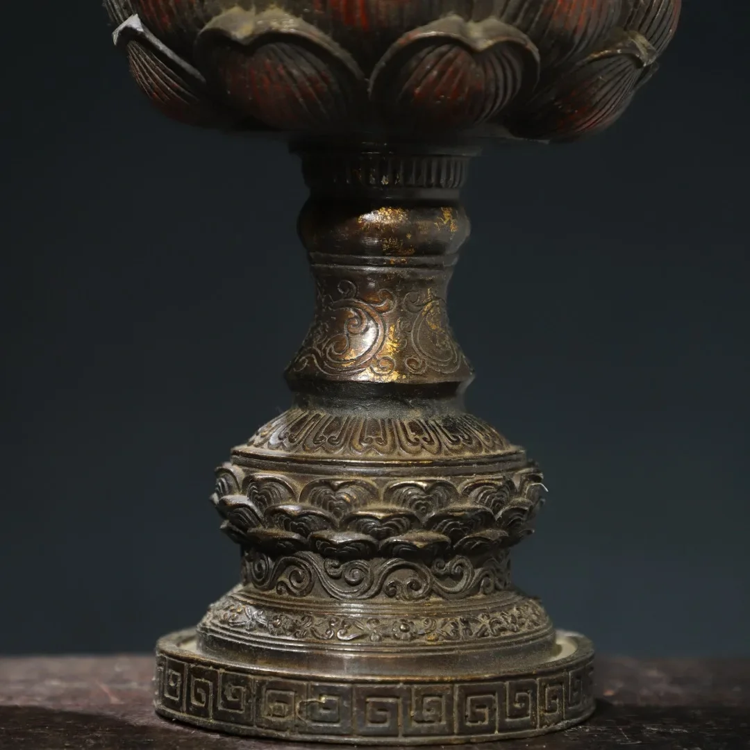 11 "مجموعة معبد التبت البرونزية القديمة الزنجفر الطين الذهب لوتس باوليان مصباح مصباح زيتي زوج الشمعدان قاعة العبادة تاون هاوس