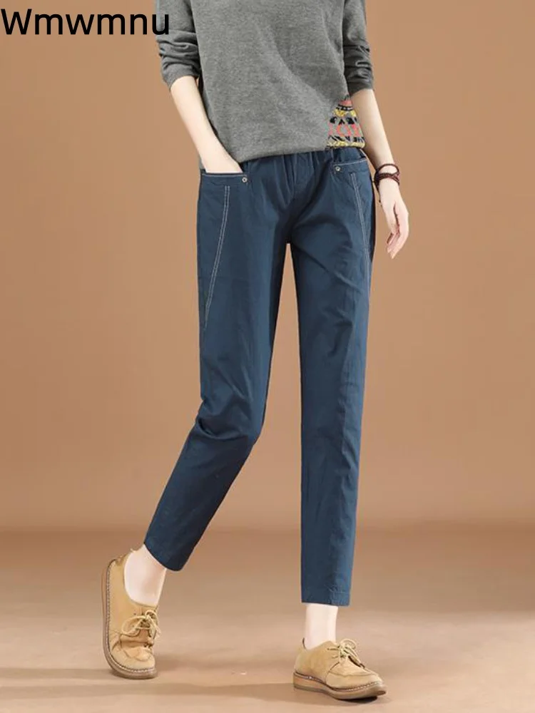 

Elastic Cargo Women's Casual Pants Korean Fashion Slim Straight Baggy Pantalones Harem Ankle-Length Loose Trousers Spodnie