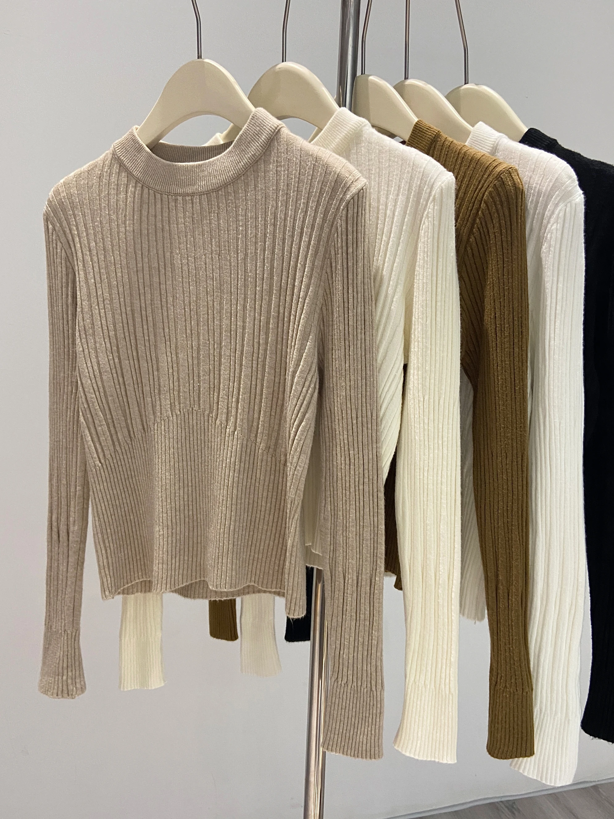 Suéter Corto E de Color Sólido con Cuello Redondo para Mujer, Otoño Invierno, Ajustado a la Cintura, Capa Base, Prenda...