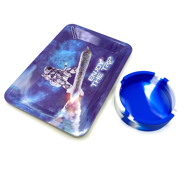 Silicone Soft Round Ashtray Ash Tray Cigarette Holder Smoking Accessories Herb Tinplate Plate with Rolling Tray 180X125MM Combo