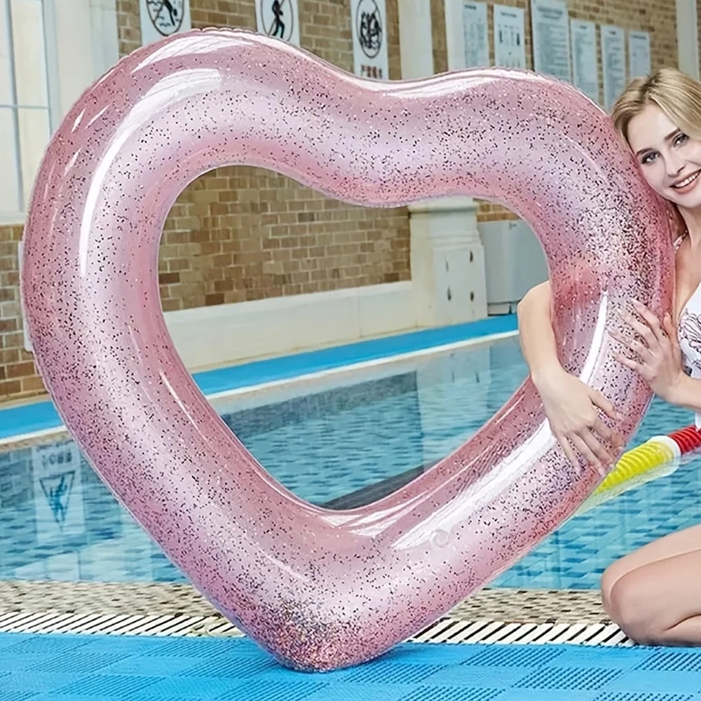 Anillo de natación de corazón de amor con lentejuelas, círculo de natación inflable de PVC grueso, anillo flotante de agua para piscina y playa, 1 ud.