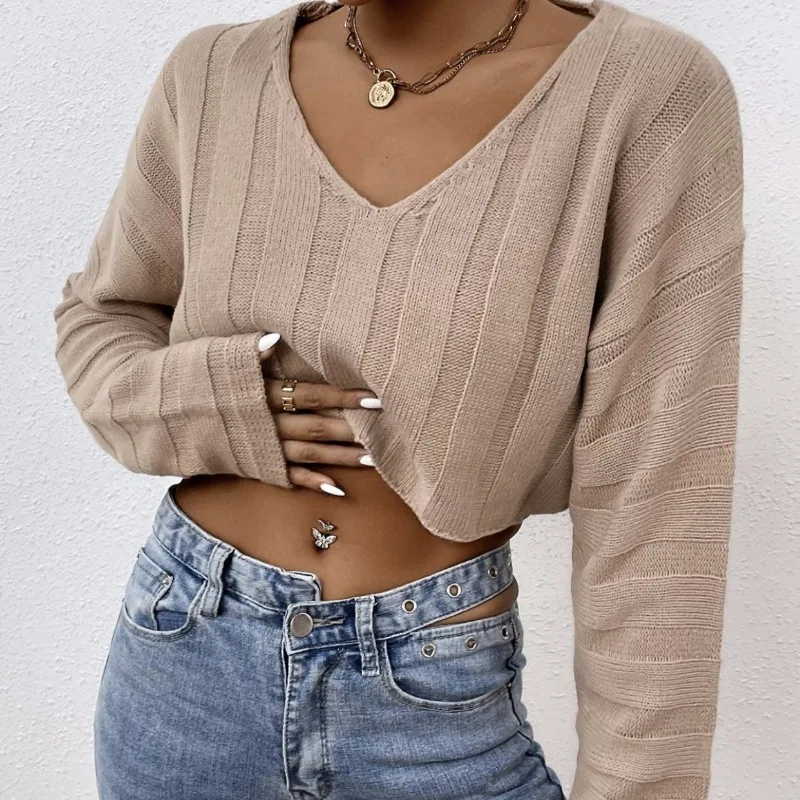 Casual Loose Solid Knit Clothes Autumn Long Sleeve Women Pullovers New Sexy Short Tops V-Neck Midriff-baring Sweaters 28489