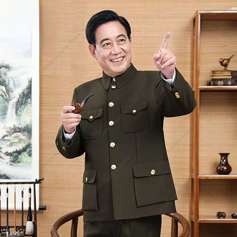 Mao Suit Zhongshan Sets Men Traditional Chinese Tang Costume Multiple Pockets Jacket Pants Mao Zedong Suits Gifts for Men Dad