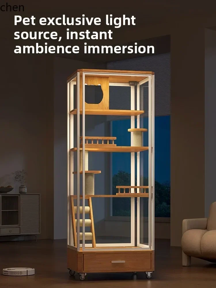 y97- Solid Wood Cat Cabinet Space-Saving Panoramic Glass Cat Villa with Drawer Cat Litter Box