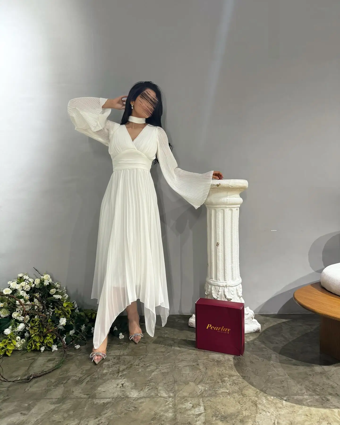 Customized Chiffon A-Line V-Neck Evening Dress Ankle Length Long Sleeves White Temperament Prom Gowns Saudi Arabia 2024