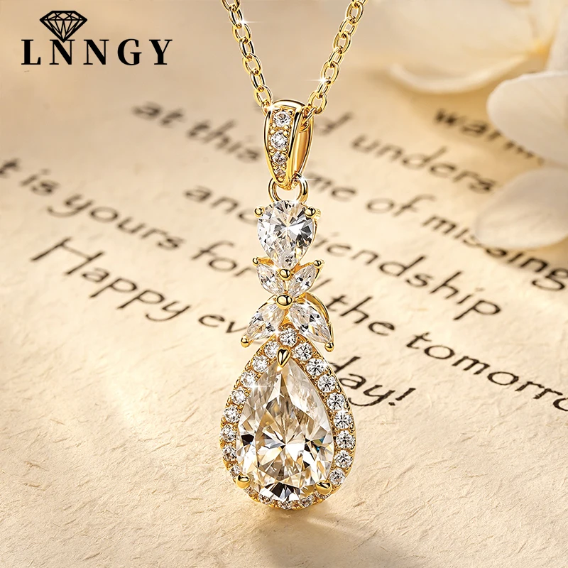 Lnngy Sparkling Pear Cut Moissanite Pendant Necklace For Women Floral-Style Wedding Party Beautiful Necklaces Jewelry Gift