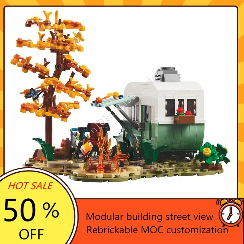 667PCS Camping Adventure Modular MOC Creative Street View รุ่นที่กําหนดเองปริศนาสถาปัตยกรรม DIY การศึกษาชุดประกอบของขวัญ