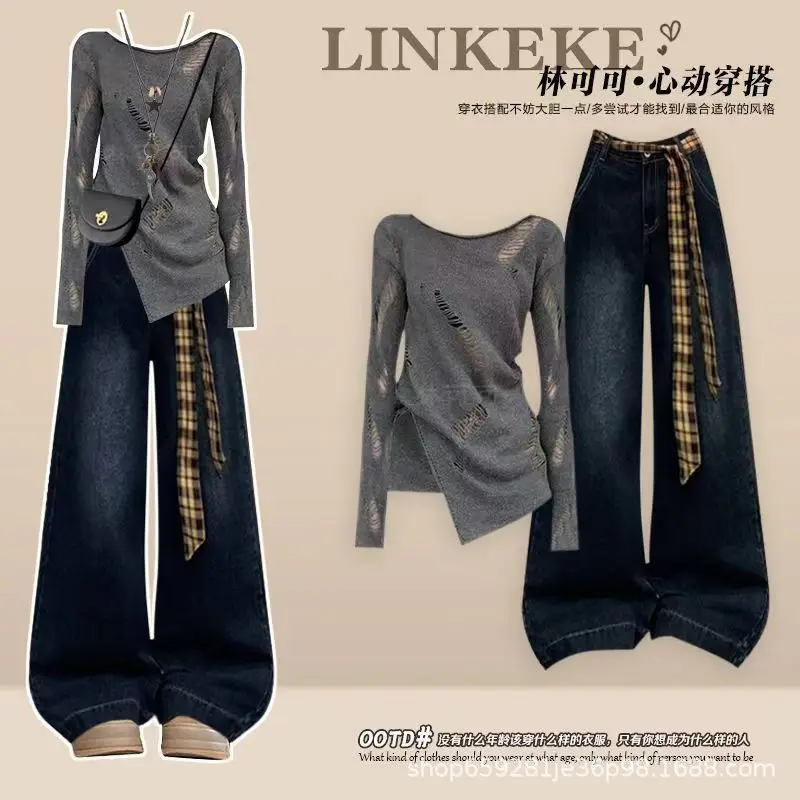 Retro Women's Set Autumn and Winter Irregular Knitted Ripped Top+high Waist Slimming Jeans Two-piece Set