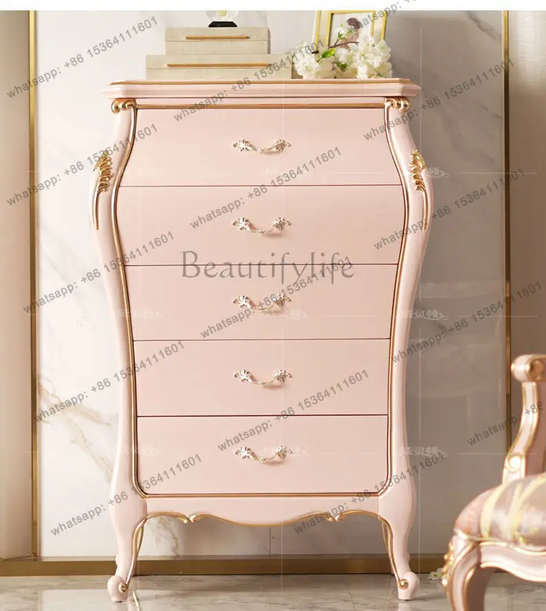 French light luxury solid wood chest carved pink European court princess storage cabinet