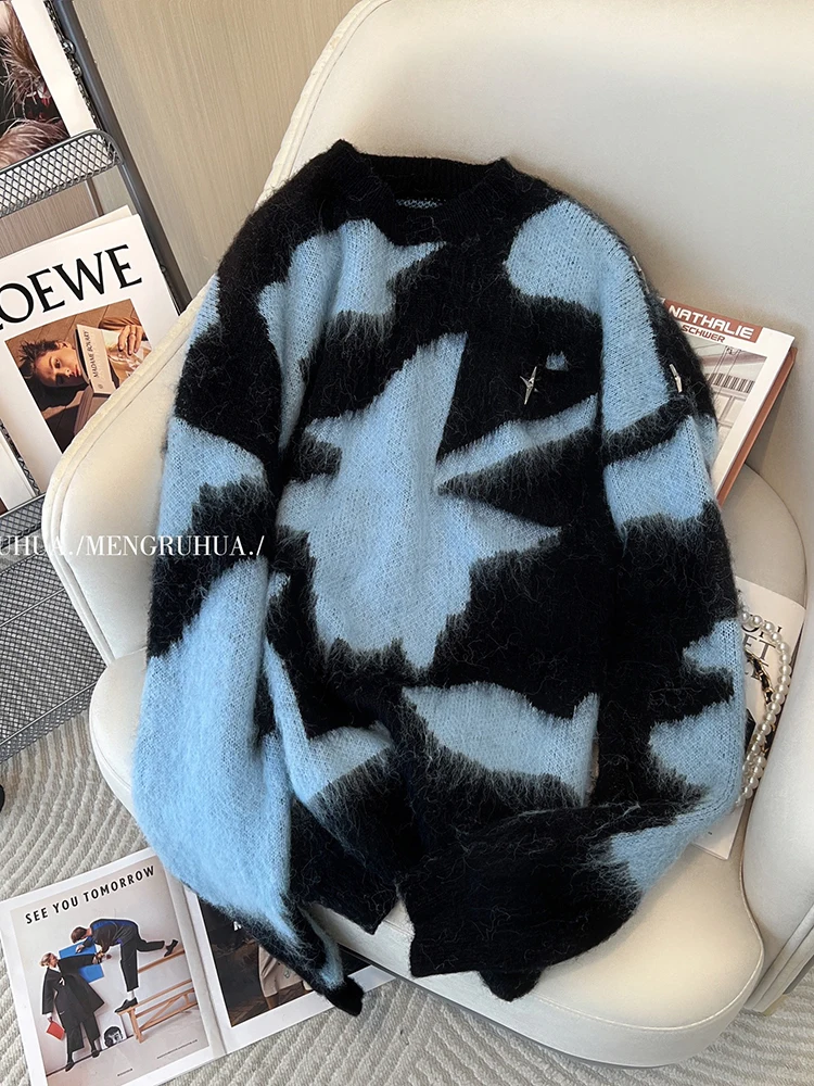 Streetwear Tie Dye Spring Sweater Tops Women Plush Soft Long Sleeve Knit Pullover Casual Loose Knitwear Jumper Vintage Poleras