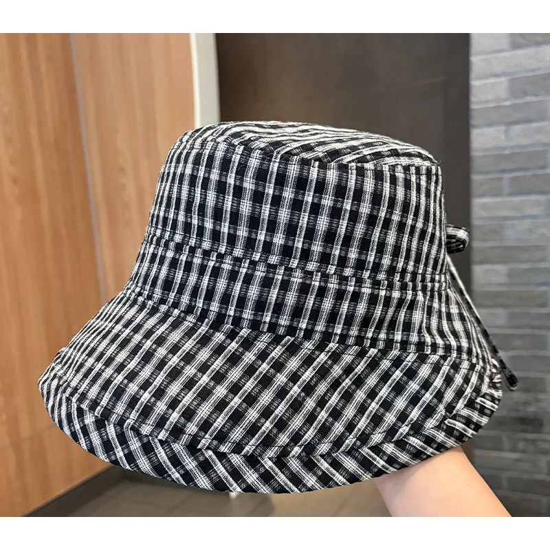 Spring Summer Plaid Bowknot Sunshade Fisherman Hats Women Outdoor Versatile Bucket Hat Foldable