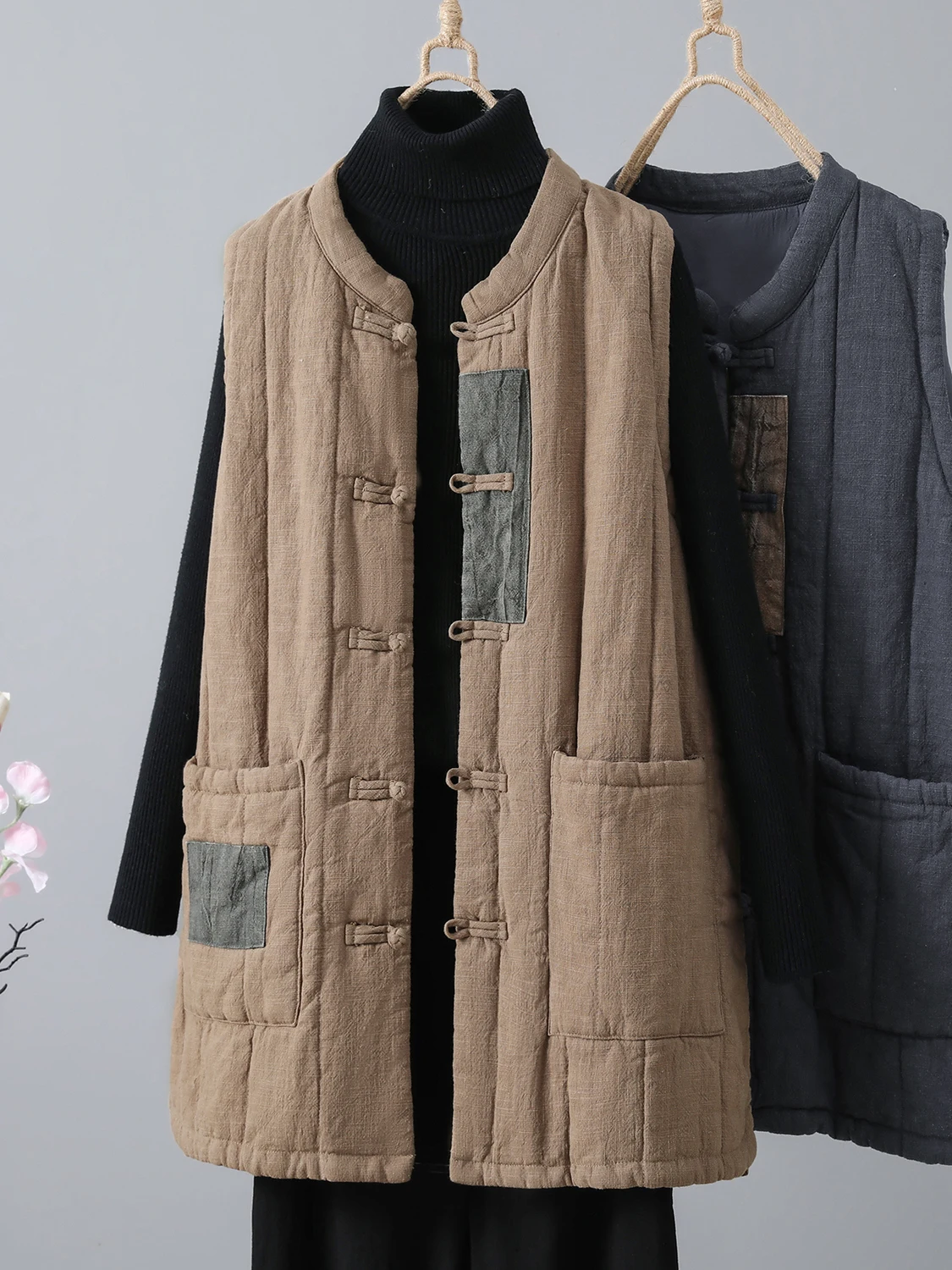 Rompi Wanita Musim Dingin Bahan Katun Linen Tebal Retro Kancing Hangat Kerah Bulat Lengan Panjang Warna