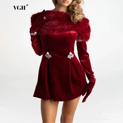 VGH Solid Spliced Feather Elegant Chic Dresses For Women Slash Neck Off The Sleeve High Waist Temperament Short Dress Female New