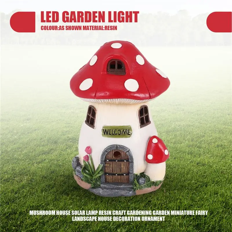 ABCA-Mushroom House Solar Lamp Resin Craft Gardening Garden Miniature Fairy Landscape House Decoration Ornament