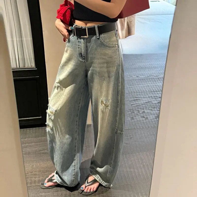 Summer new women thin style wide leg curved jeans American style hole design sense high street loose straight leg pants