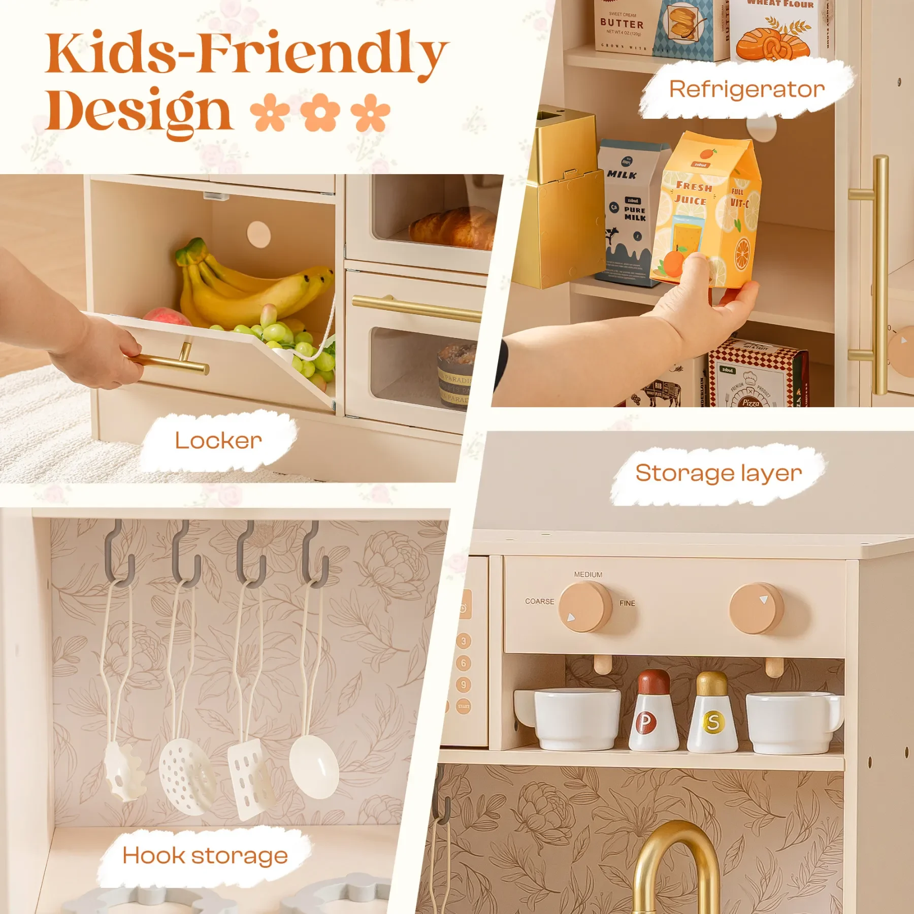Robotime Robud Juego de cocina floral de madera para niños, juego de simulación de juguete con refrigerador, horno, microondas para niñas y niños, color beige