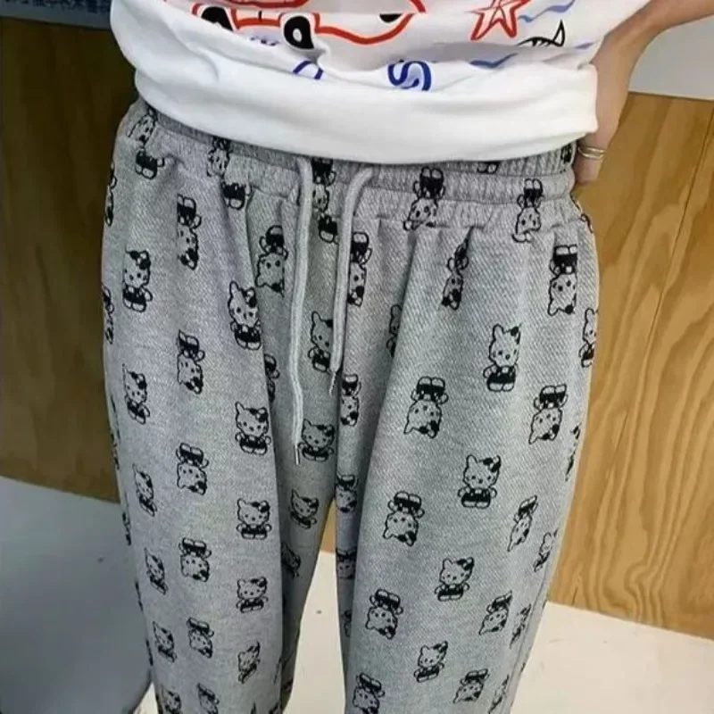 Kawaii New Anime Sanrio Hello Kitty Sweatpants Girl Japanese Cute Print Loose All Match Trousers Autumn Wide Leg Pants Gift