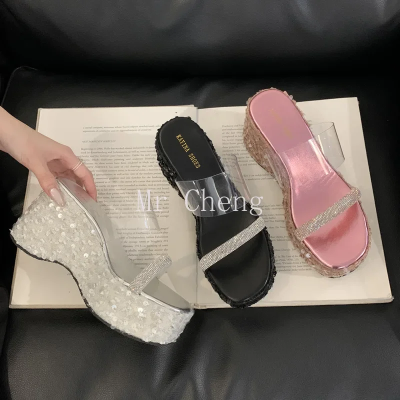 

Vacation Women's Pink Sexy Sequins Summer Transparent Simple Fashion Plus Size Wedge Platform Platform Heeled Slippers Sandals