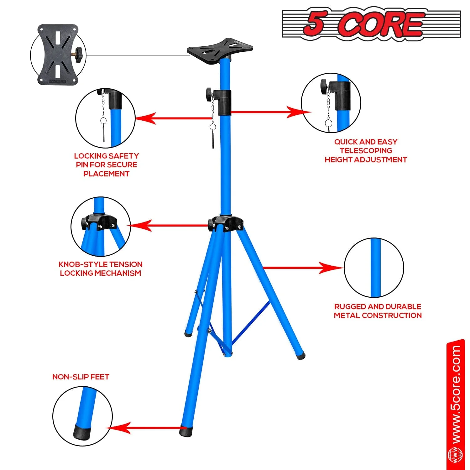 5 Core Speaker Stand Height Adjustable PA DJ Tripod Studio Monitor Stands w 35mm Compatible Insert - SS ECO 1PK SKY BLU WoB view 5