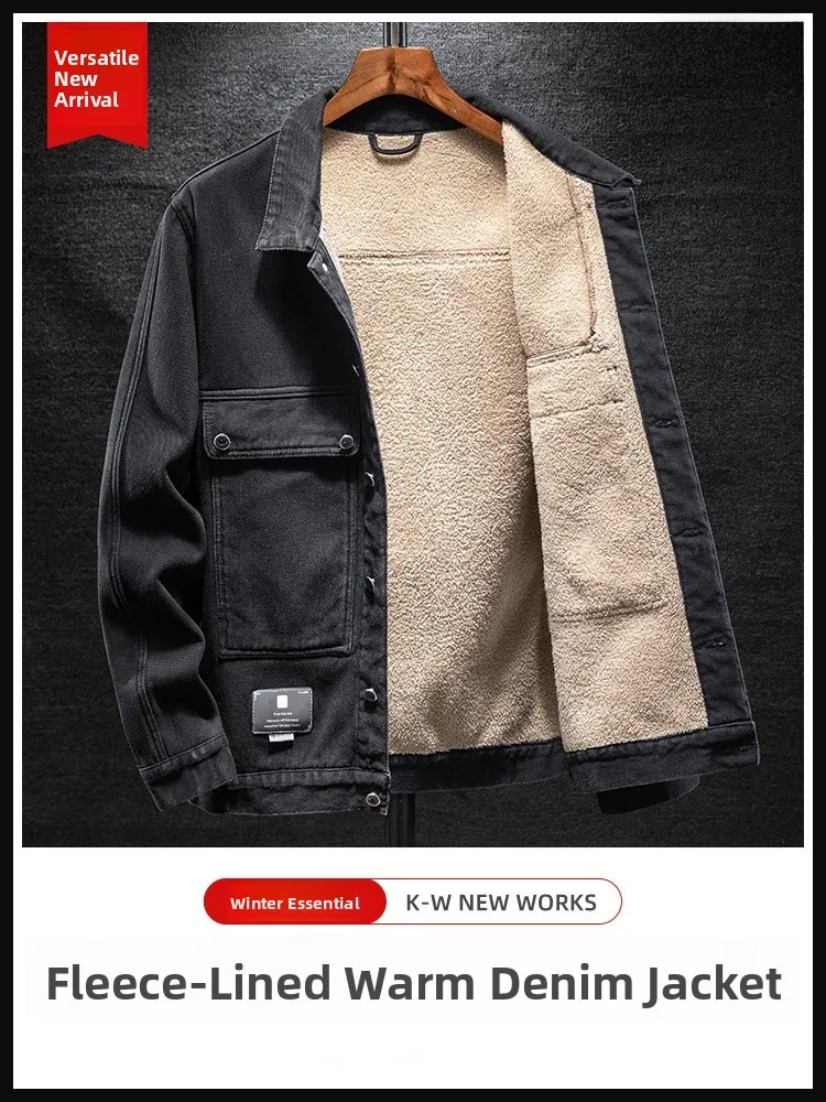 

Мужская утепленная джинсовая куртка из флиса с воротником-стойкой, весна-осень, молодежный тренд, рабочая одежда