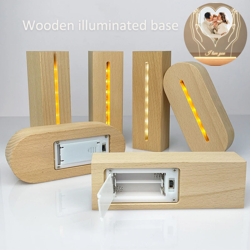 5.9 Inch Wood Base Led Light Display Stand AAA Battery Powered for Custom Acrylic Night Lamp Resin Glass Art DIY Christmas gift