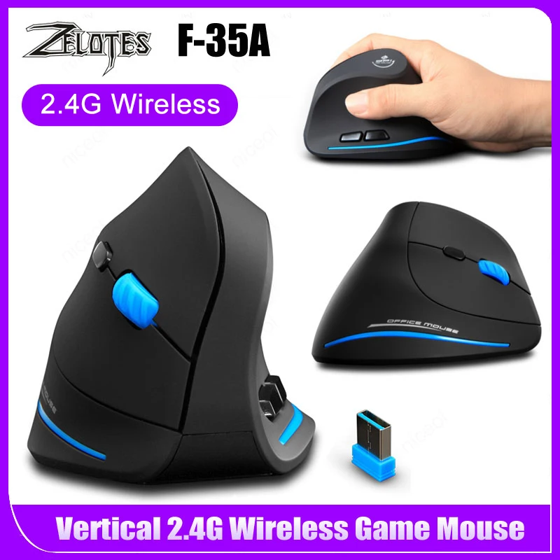 ZELOTES F-35A 2.4GHz Wireless Vertical Mouse Ergonomic 6 Buttons 2400DPI Adjustable PC Gamer Comptuter Optical Mice