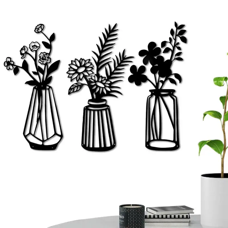 

Flower Decor For Wall 3 Pieces Minimalist Flower Vase Wall Art Wall Decoration Vase Iron Decorative Floral Flowers Wall