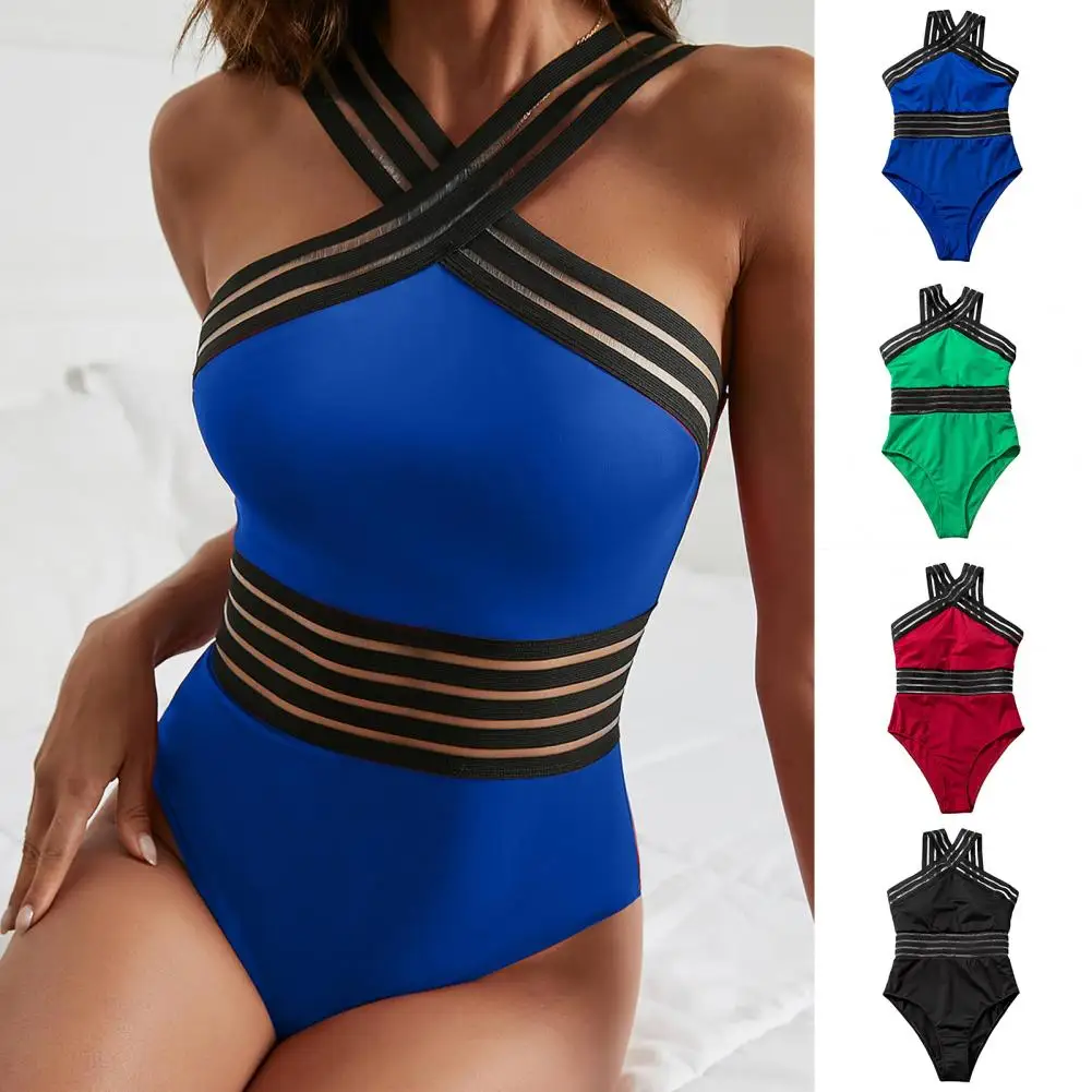 One-piece Women Swimsuit Crossover Halter Hollow Mesh Splicing Monokini Swimsuit with High Waist Halter Neck High Waist Swimwear