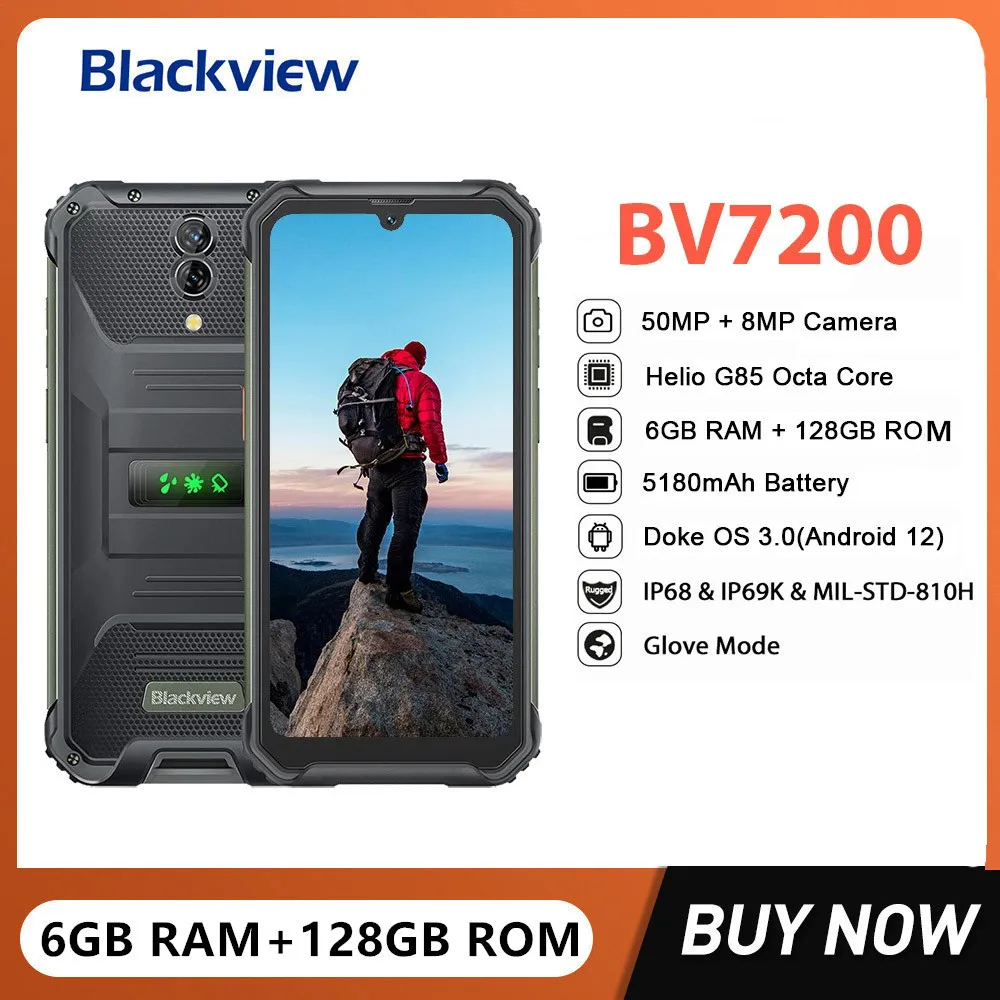 

Blackview BV7200 Waterproof Rugged Smartphone Helio G85 Octa Core 6GB+128GB 6.1Inch 50MP Camera Mobile Phone 5180mAh Battery NFC