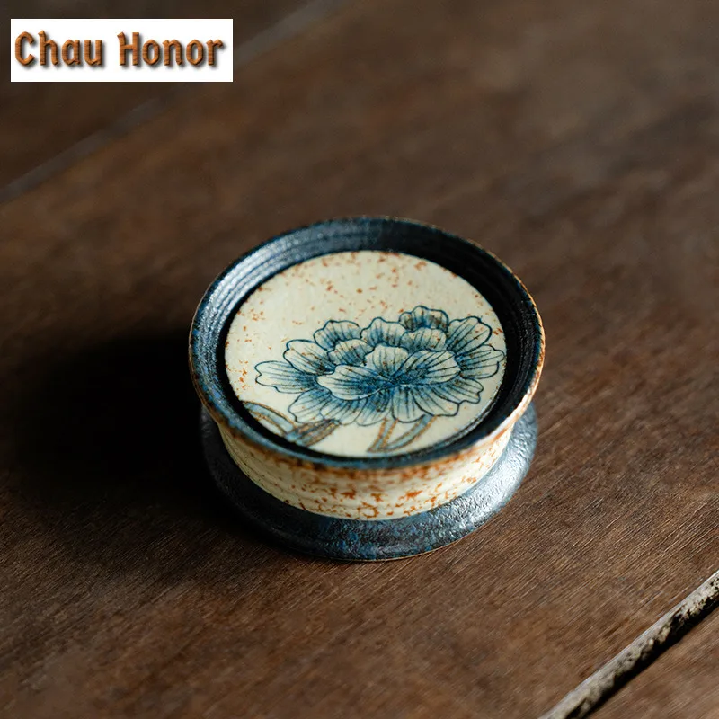 Blue And White Flint Red Teapot Cover Holder Handmade Gold Drawing Peony Flower Cover Frame Zisha Pot Lid Shelf Teaware Craft - view 2