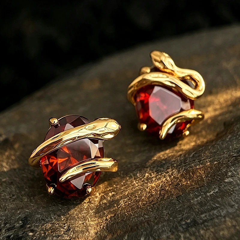 Huitan Schlangen-Ohrstecker für Damen, rote CZ-Schlangen-Ohrringe, kreativer Gothic-Punk-Schmuck, Statement-Accessoires für den täglichen Gebrauch.